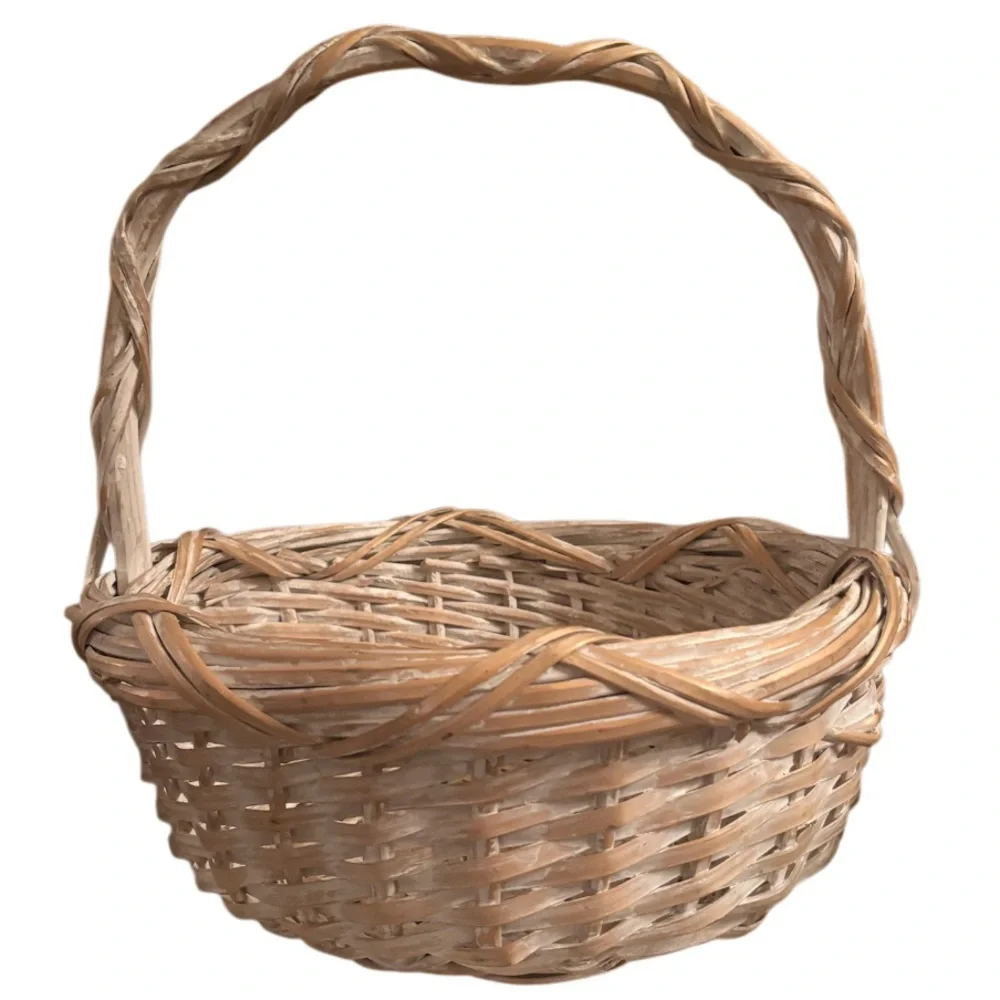 Hand Woven Gathering Basket Handcrafted Whitewashed Farmhouse Cottage Home Decor